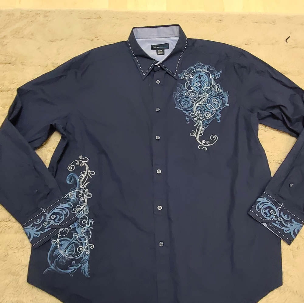 Blue Pronto Uomo Men's Black and Blue Embroidered Shirts Lot Of 2 Shirts - Picture 3 of 6